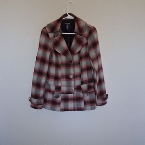 Pretty Good Plaid Pea Coat - Red and Gray